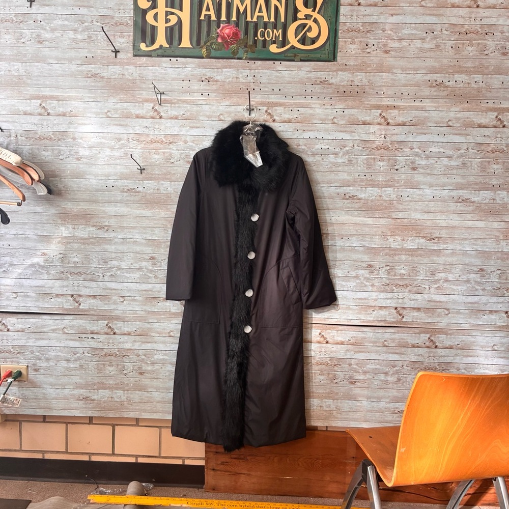 dennis basso Black Long Trench Coat with Faux Fur Trim - Picture 2 of 6